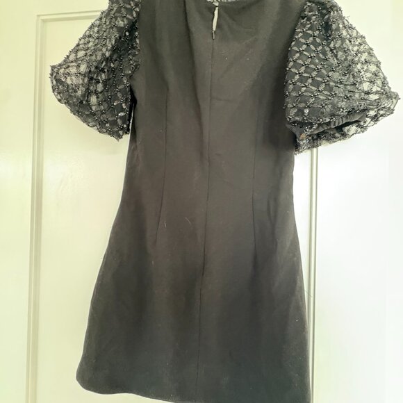 Self-Portrait Mini Dress Black Crepe LBD Puff Sleeves Lace Embellished Bib Sz 6 - Picture 8 of 9